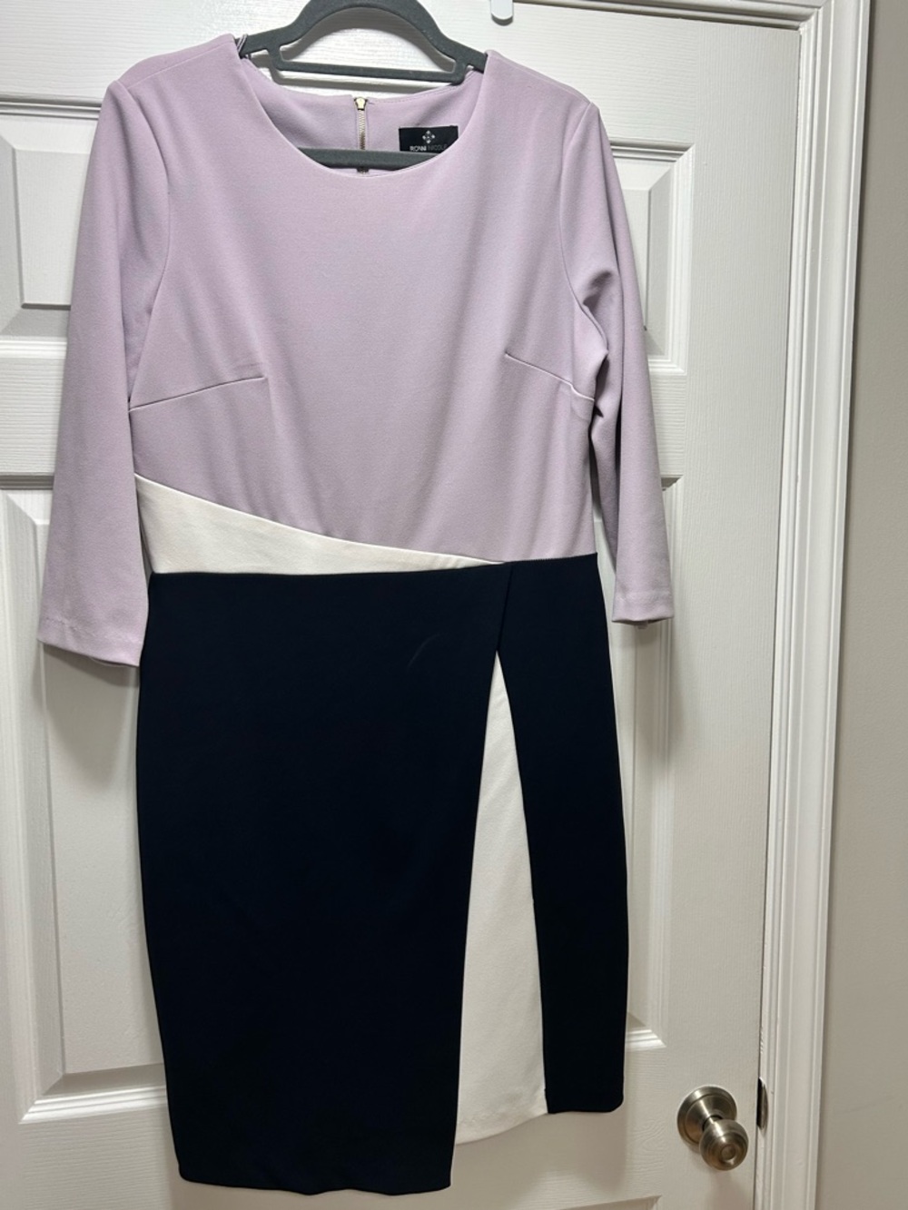 Ronni Nicole Lilac, Navy and White Colorblock Midi Sheath Dress